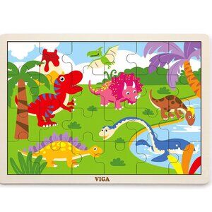 VIGA 24 Pcs Flat Wooden Puzzle w/Tray -Dinosaurs New Sealed For Age 2+